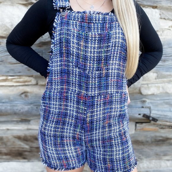 Anything but Subtle Tweed Short Overalls (Plaid Mu - Picture 2 of 5